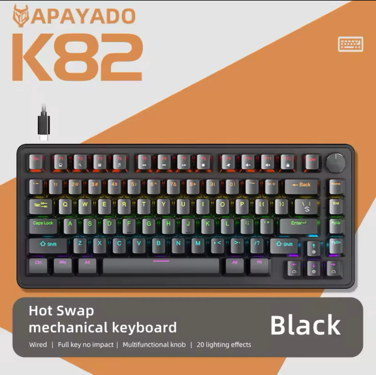 Apayado K82 RGB Mechanical Gaming Keyboard – Hot-Swappable, Wired – Black (Blue Switch)