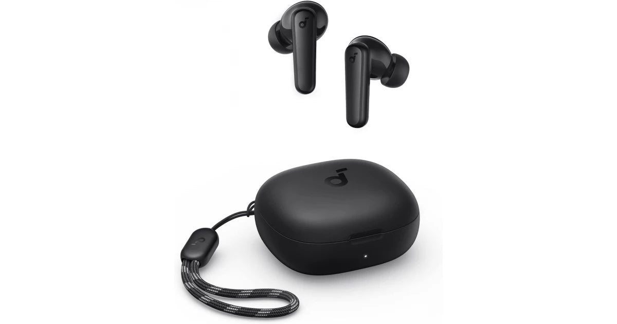 Close-up of P20i earbud stem and ear tip, emphasizing build and matte-black finish.