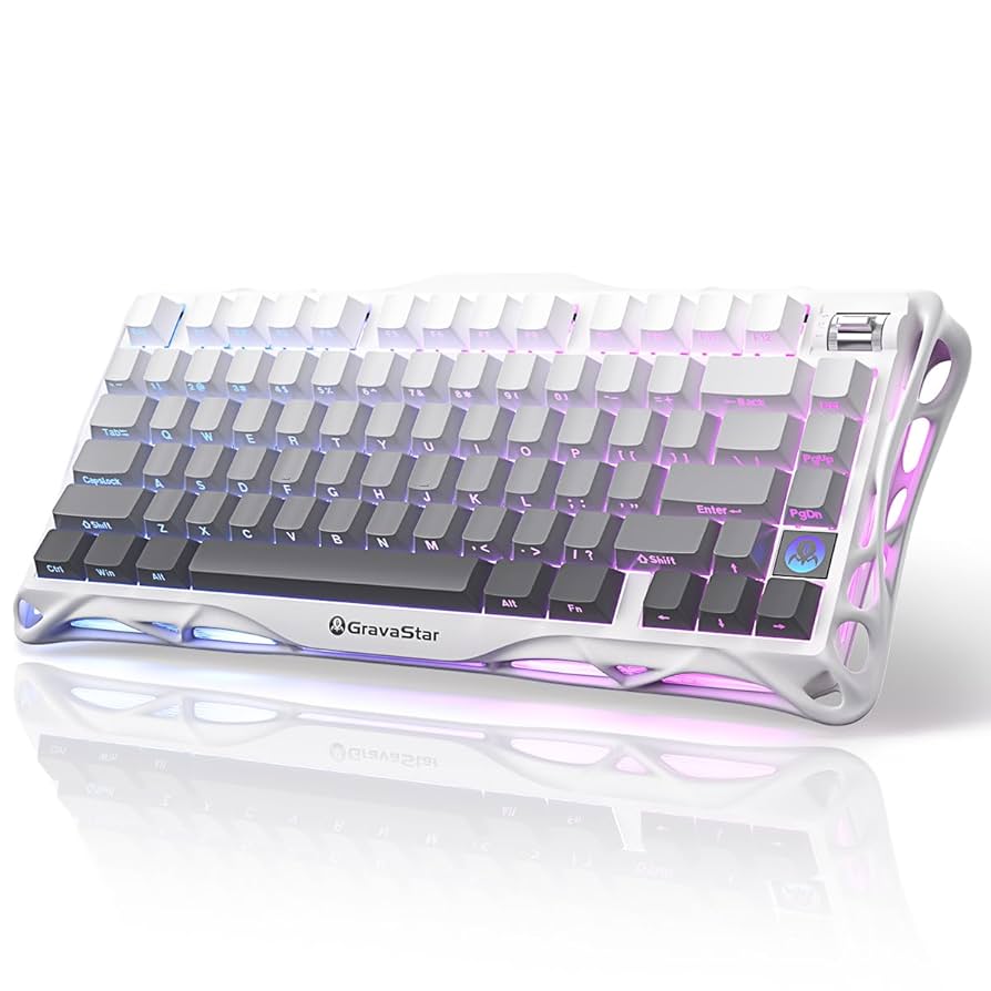 Close-up of GravaStar Mercury K1 Lite white variant showing keycaps and frame
