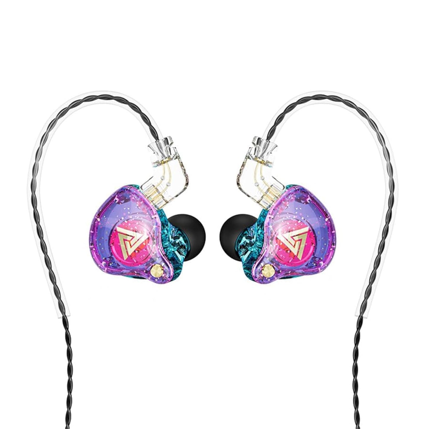 Angled view of purple QKZ AK6 Pro IEMs showcasing ear-hook design, inline mic module, and detachable cable.