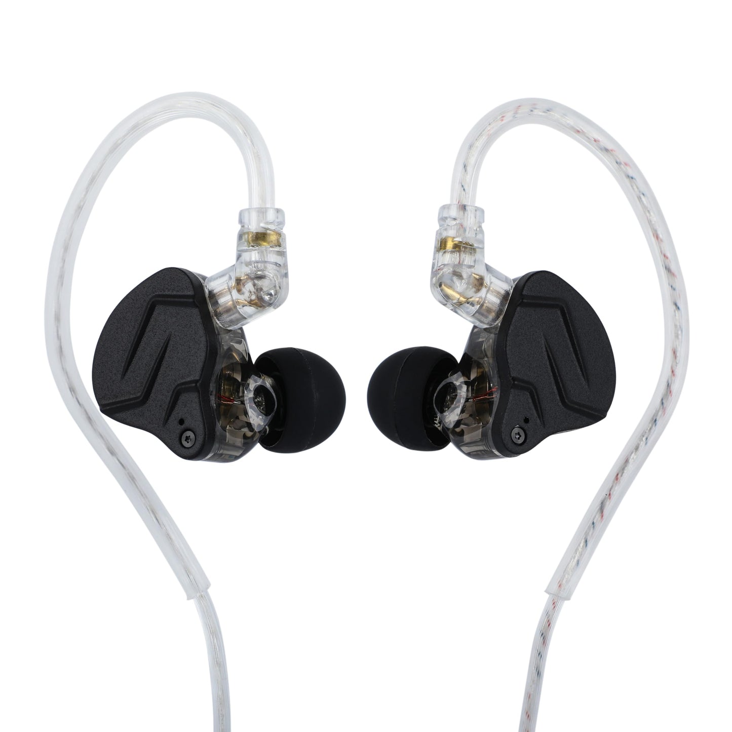 Side profile showing black ZSN Pro X IEMs with silver faceplate, detachable cable, and inline mic module.