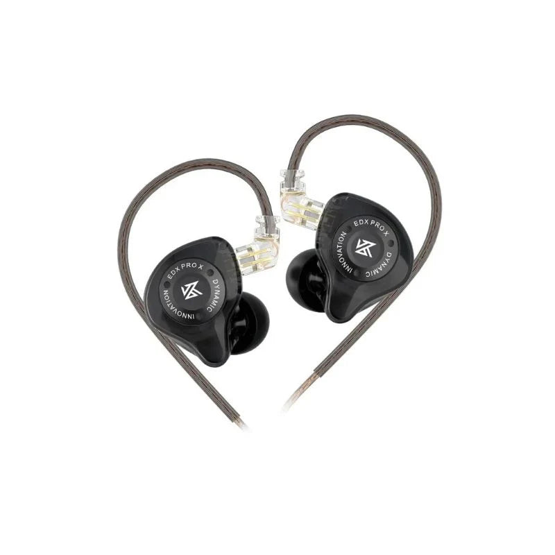 Black variant of KZ EDX Pro X with cable hooked over ear, showcasing clear shell and ergonomic design.