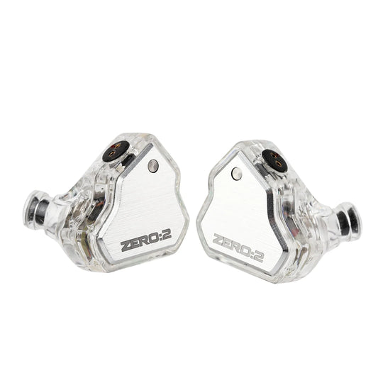 Close-up of transparent 7Hz x Crinacle Zero 2 IEMs showing dual dynamic drivers and sleek silver faceplate.