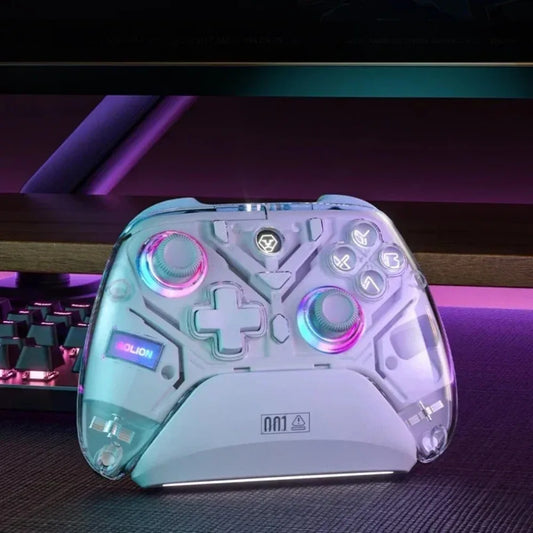 Aolion K10 RGB wireless gaming controller on charging dock front view