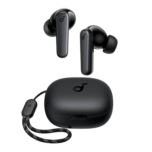 Anker Soundcore P20i black earbuds and compact charging case with lanyard on a neutral background.