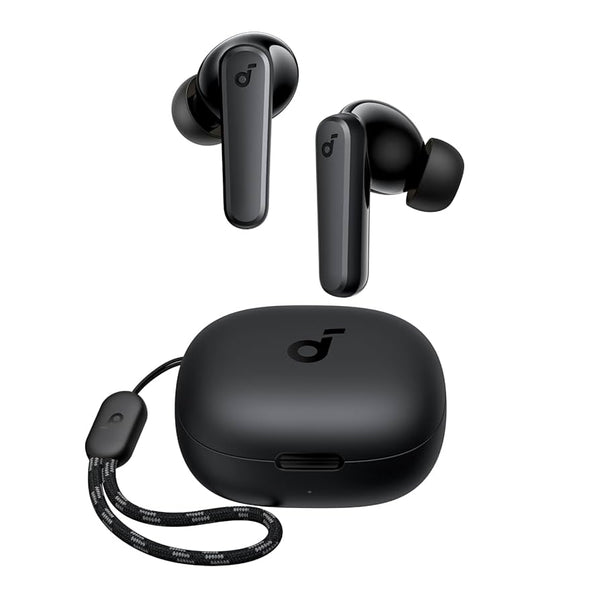 Anker Soundcore P20i black earbuds and compact charging case with lanyard on a neutral background.