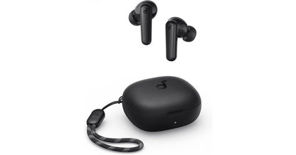 Close-up of P20i earbud stem and ear tip, emphasizing build and matte-black finish.
