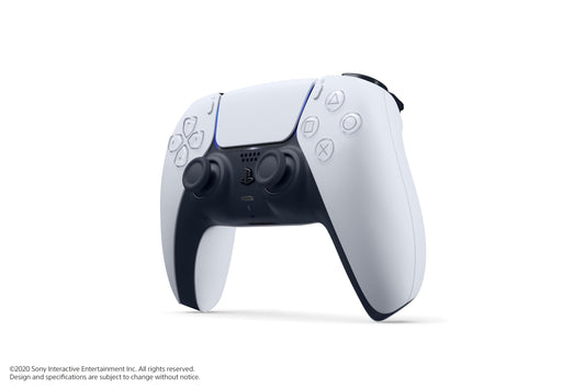 Angled profile shot of DualSense controller showing ergonomic handles and touchpad.