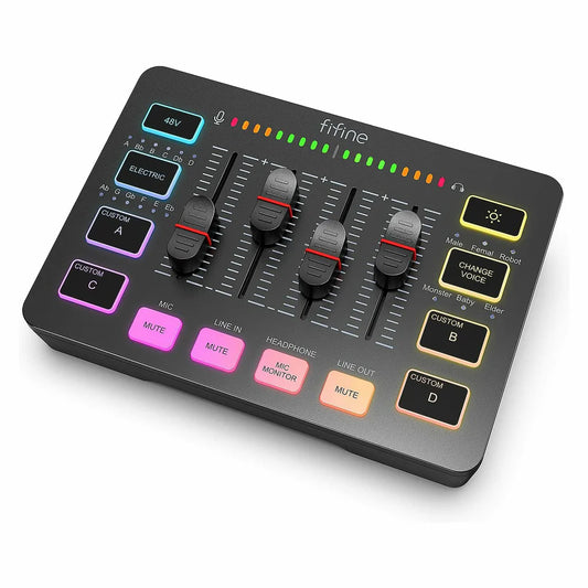 FIFINE AmpliGame SC3 audio mixer black front view with RGB lights