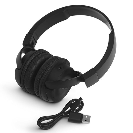 JBL T450BT black wireless on‑ear headphones angled view with attached audio cable