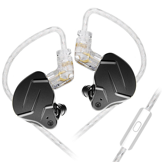 Front-close-up of black KZ ZSN Pro X with hybrid 1BA+1DD drivers and inline mic on clear 2-pin cable.
