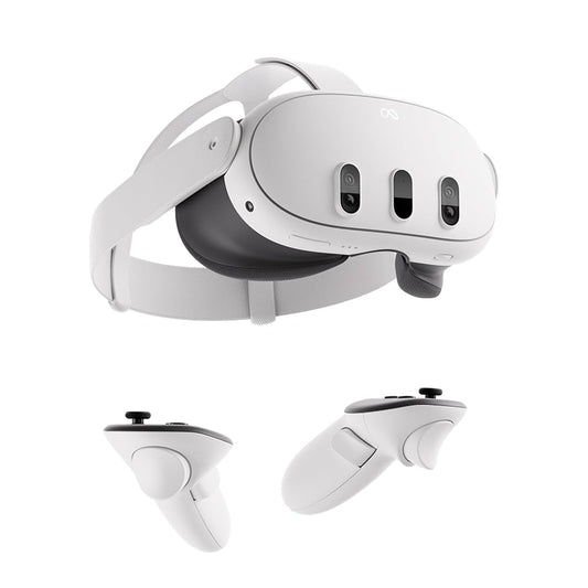 Meta Quest 3 512GB headset and Touch Plus controllers with box—white design on neutral background.