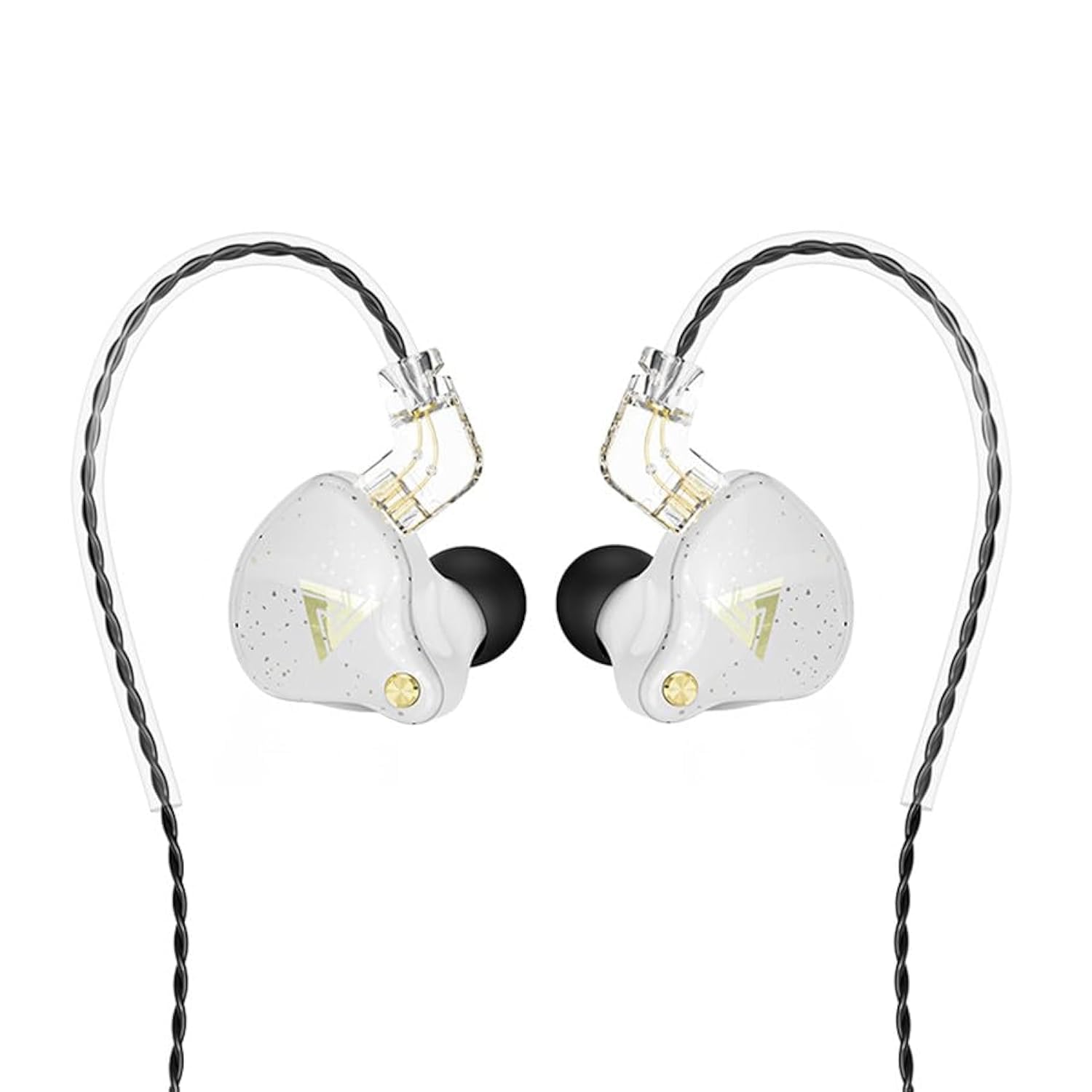 QKZ AK6 Pro earphones in crystal transparent housing with built-in mic and braided 2-pin cable.