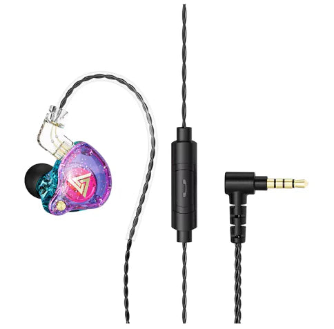Angled view of purple QKZ AK6 Pro IEMs showcasing ear-hook design, inline mic module, and detachable cable.