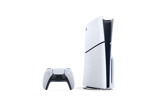 PlayStation 5 Slim Disc Edition 1 TB console standing vertically with DualSense controller and disc drive visible.