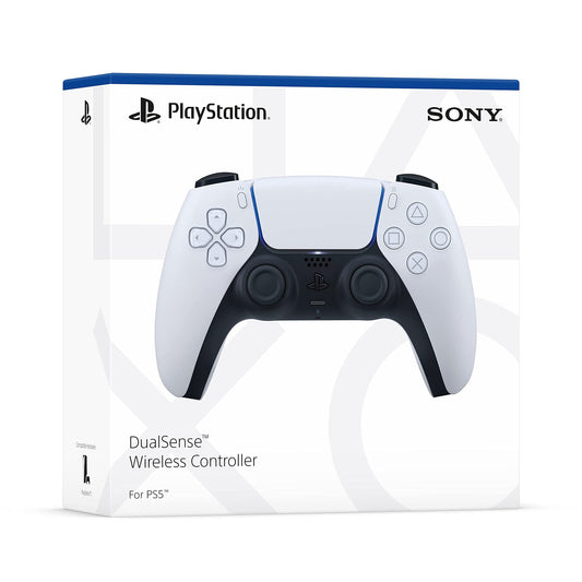 Front view of official Sony DualSense Wireless Controller in white with black grips and buttons