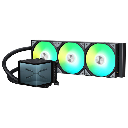 TRYX Panorama SE 360 ARGB CPU cooler front view with RGB fans