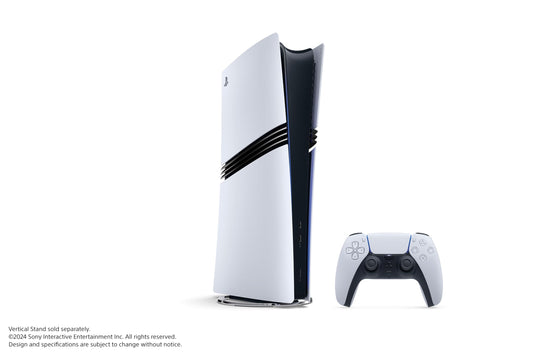 White PS5 Pro console standing vertically next to a DualSense controller in front of a black box.