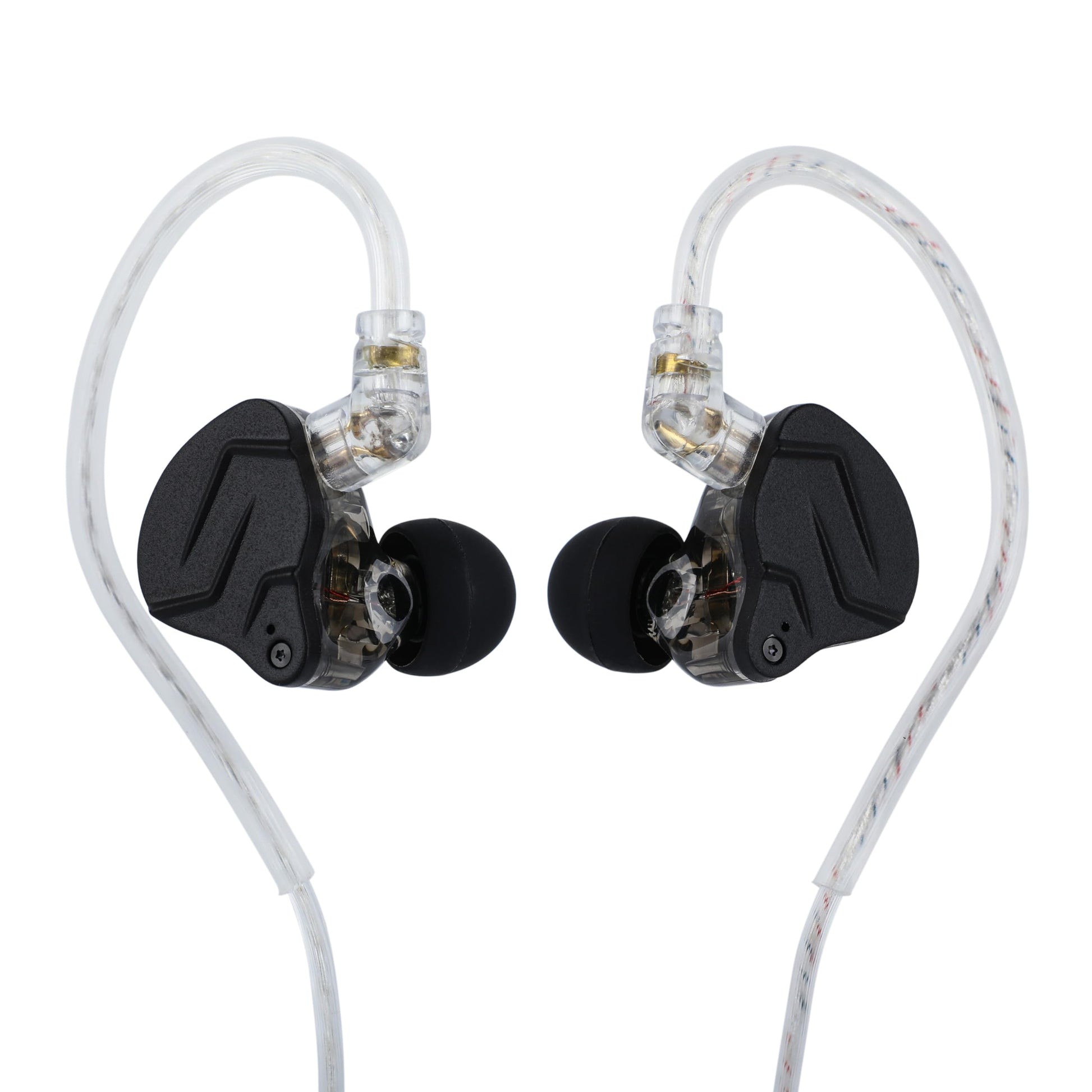 Side profile showing black ZSN Pro X IEMs with silver faceplate, detachable cable, and inline mic module.
