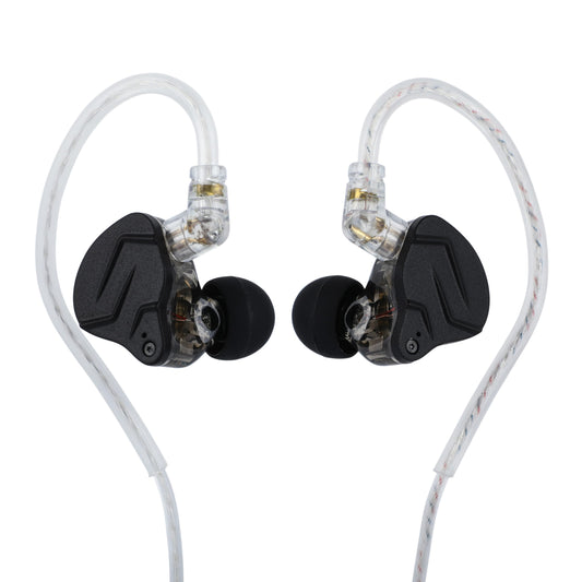 Side profile showing black ZSN Pro X IEMs with silver faceplate, detachable cable, and inline mic module.