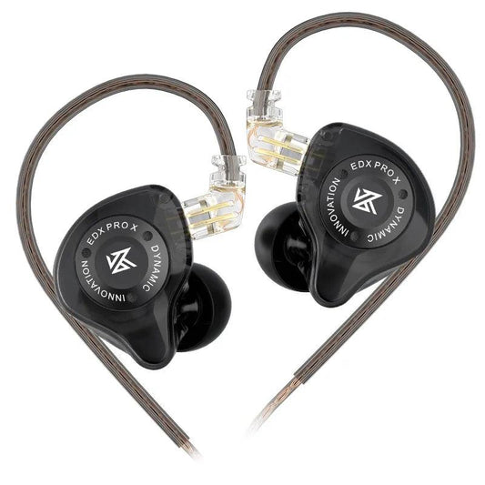 Black KZ EDX Pro X IEMs with clear housing and detachable 2-pin cable forming a heart shape on a white background.