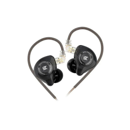 Black variant of KZ EDX Pro X with cable hooked over ear, showcasing clear shell and ergonomic design.