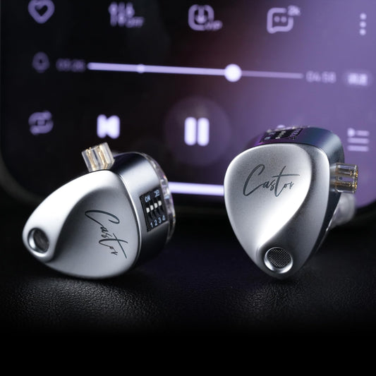 Silver KZ Castor 2 IEMs with built-in mic and braided cable, highlighting reflective faceplate design.